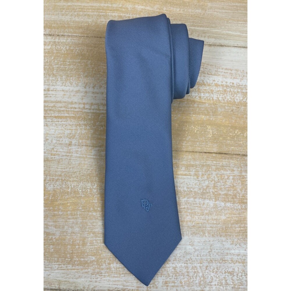 Christian Dior Vintage Blue Silk Tie Embroidered Monogram Logo 56" x 3.5"